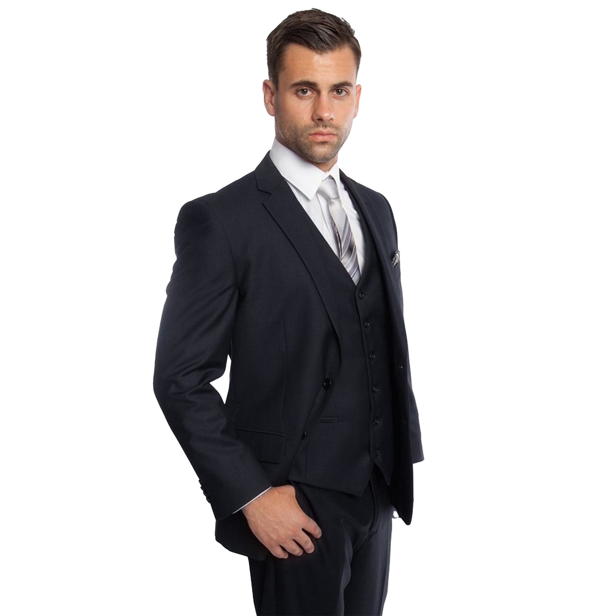 Slim Fit Navy Blue 3pc Suit Short / 42/36w Slim Fit Navy Blue 3pc Suit Short / 42/36w