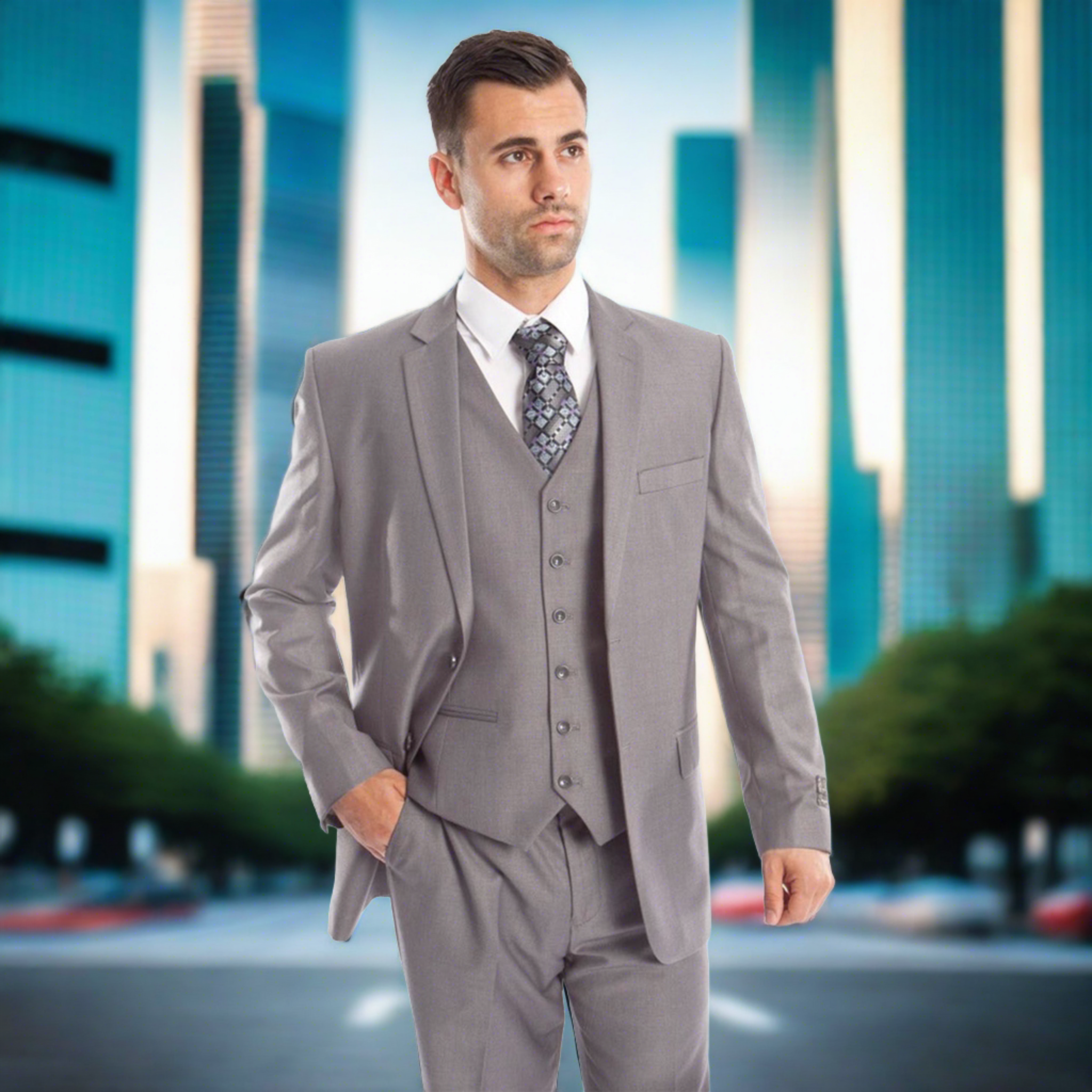 Modern Fit Lt. Grey 3pc Suit | D&K SUIT DISCOUNTERS Modern Fit Lt. Grey 3pc Suit | D&K SUIT DISCOUNTERS