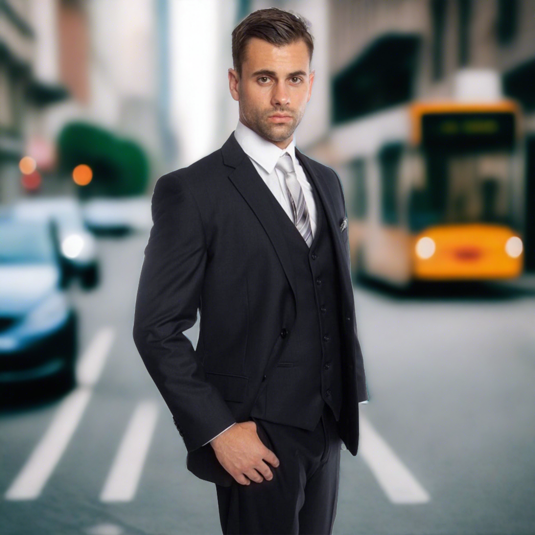 Slim Fit Navy Blue 3pc Suit Short / 42/36w Slim Fit Navy Blue 3pc Suit Short / 42/36w
