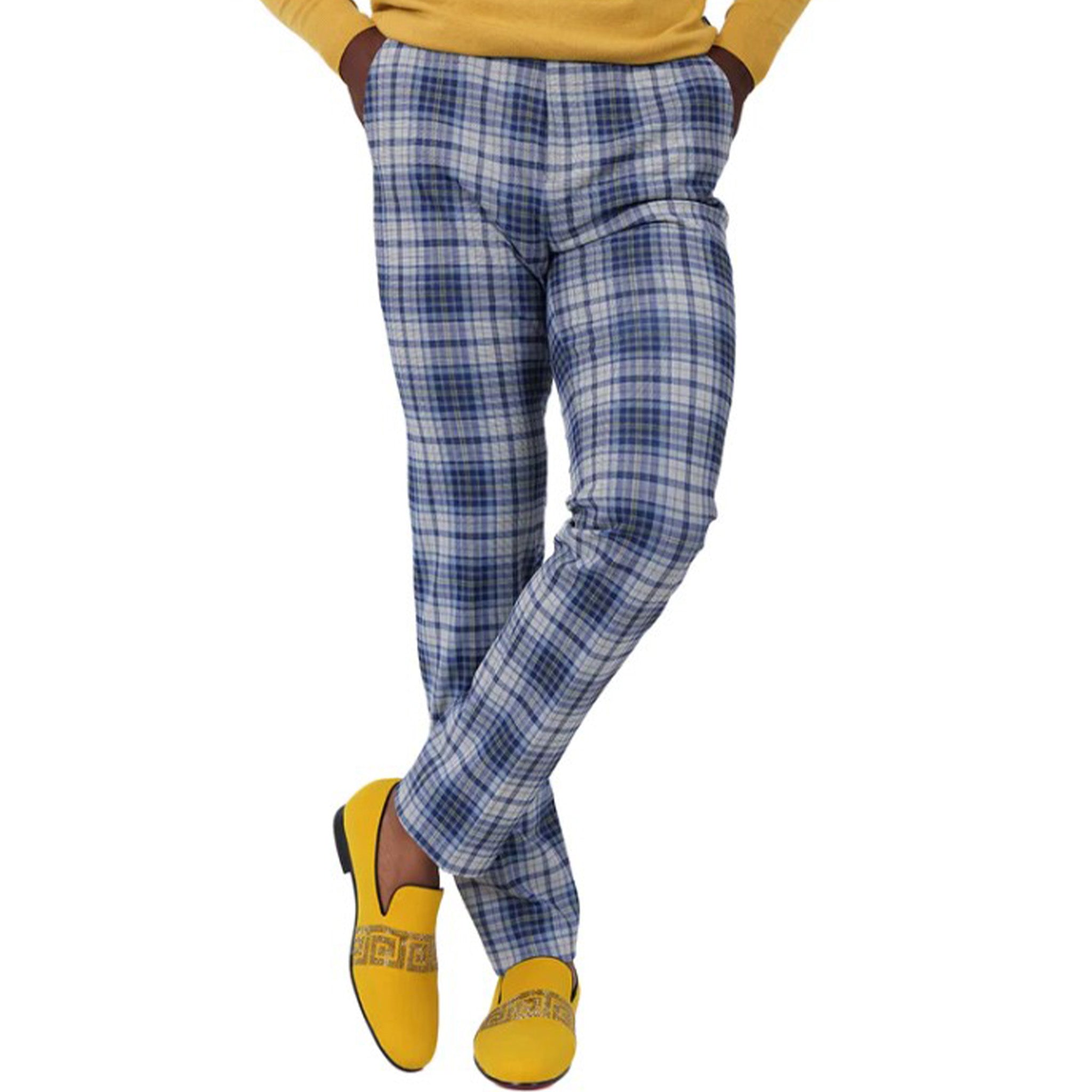 Navy & Mustard Slim Fit Plaid Pants