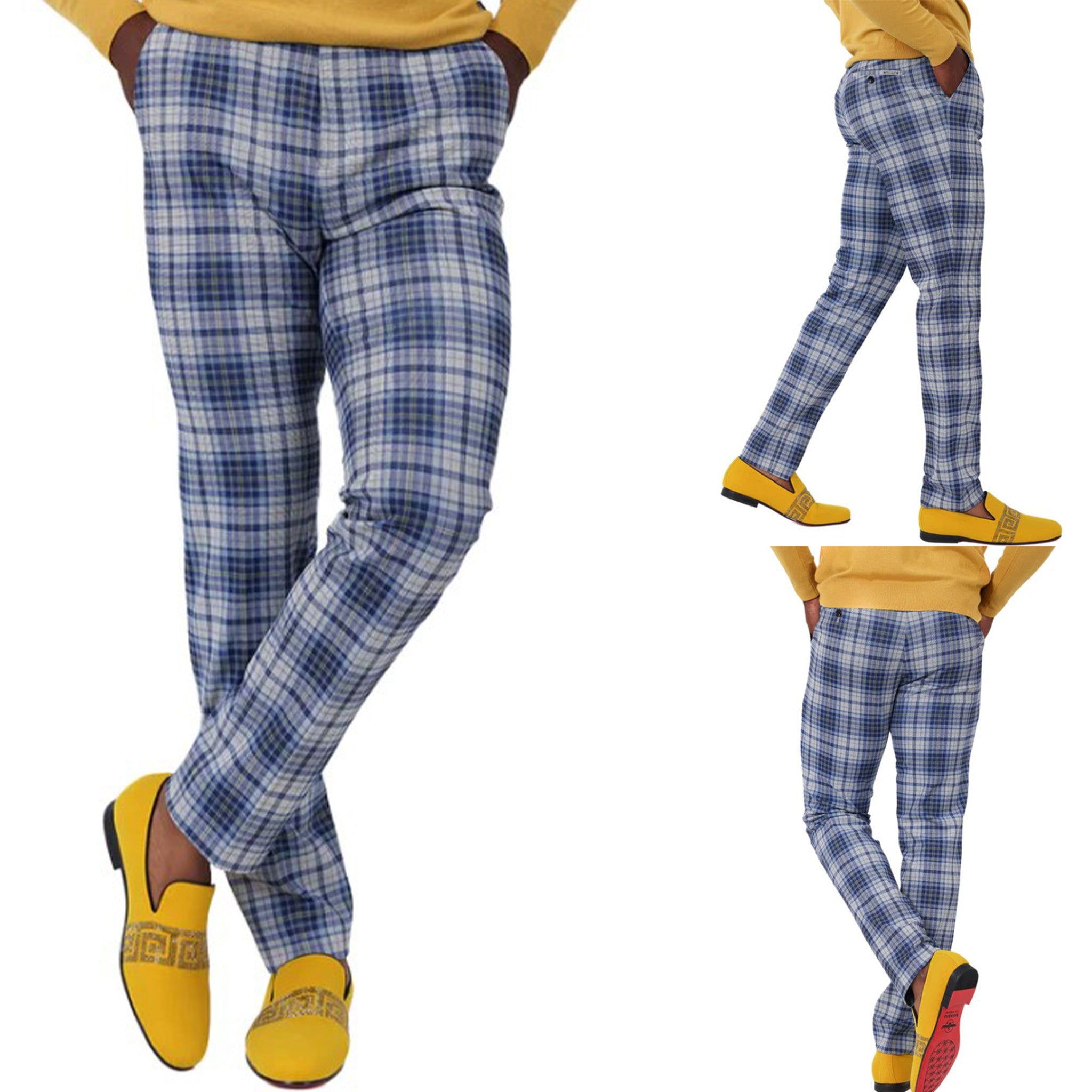 Navy & Mustard Slim Fit Plaid Pants