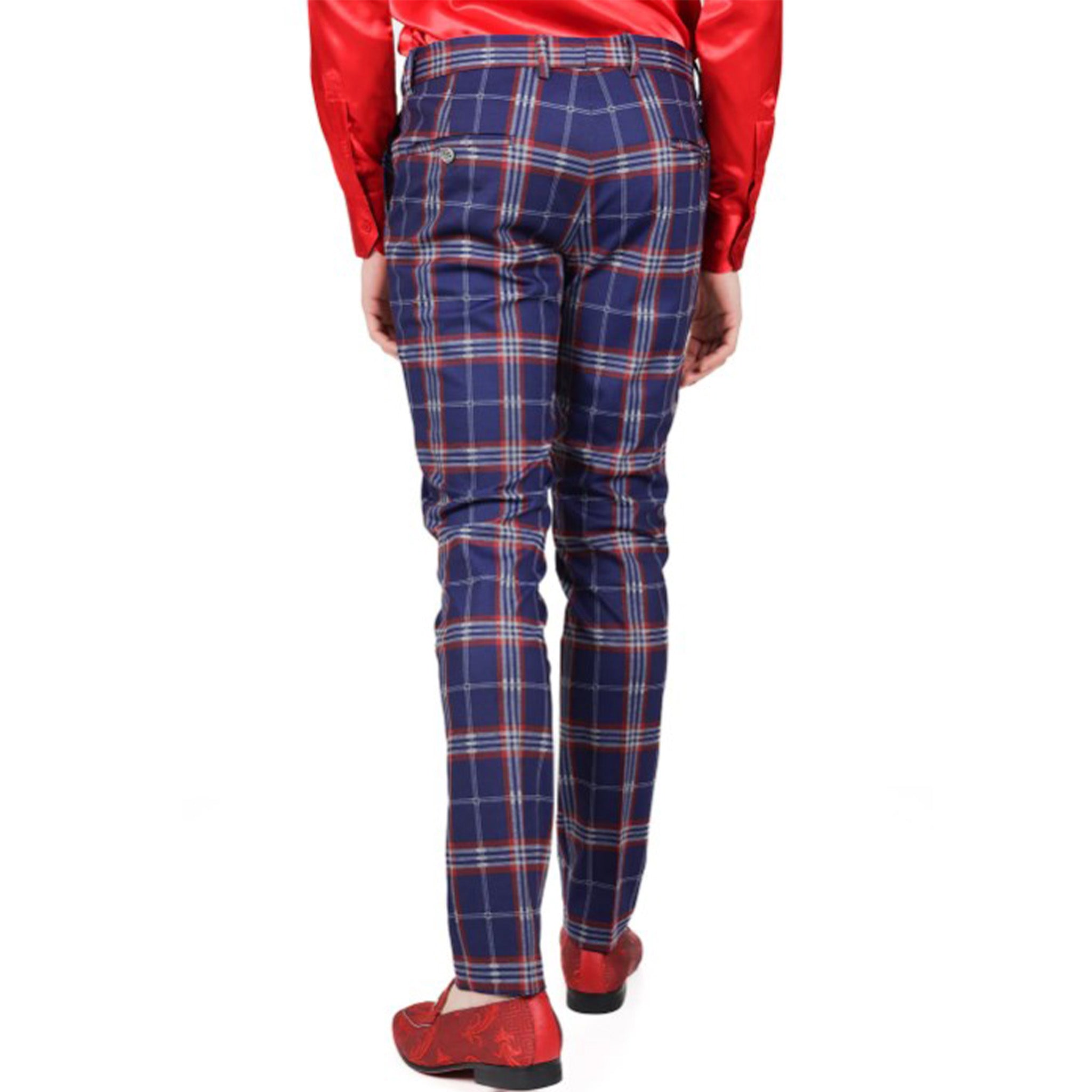 Navy & Red Slim Fit Plaid Pants