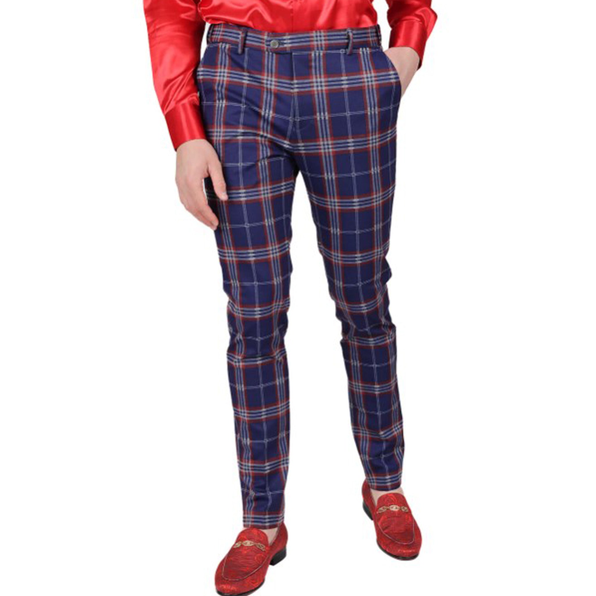 Navy & Red Slim Fit Plaid Pants