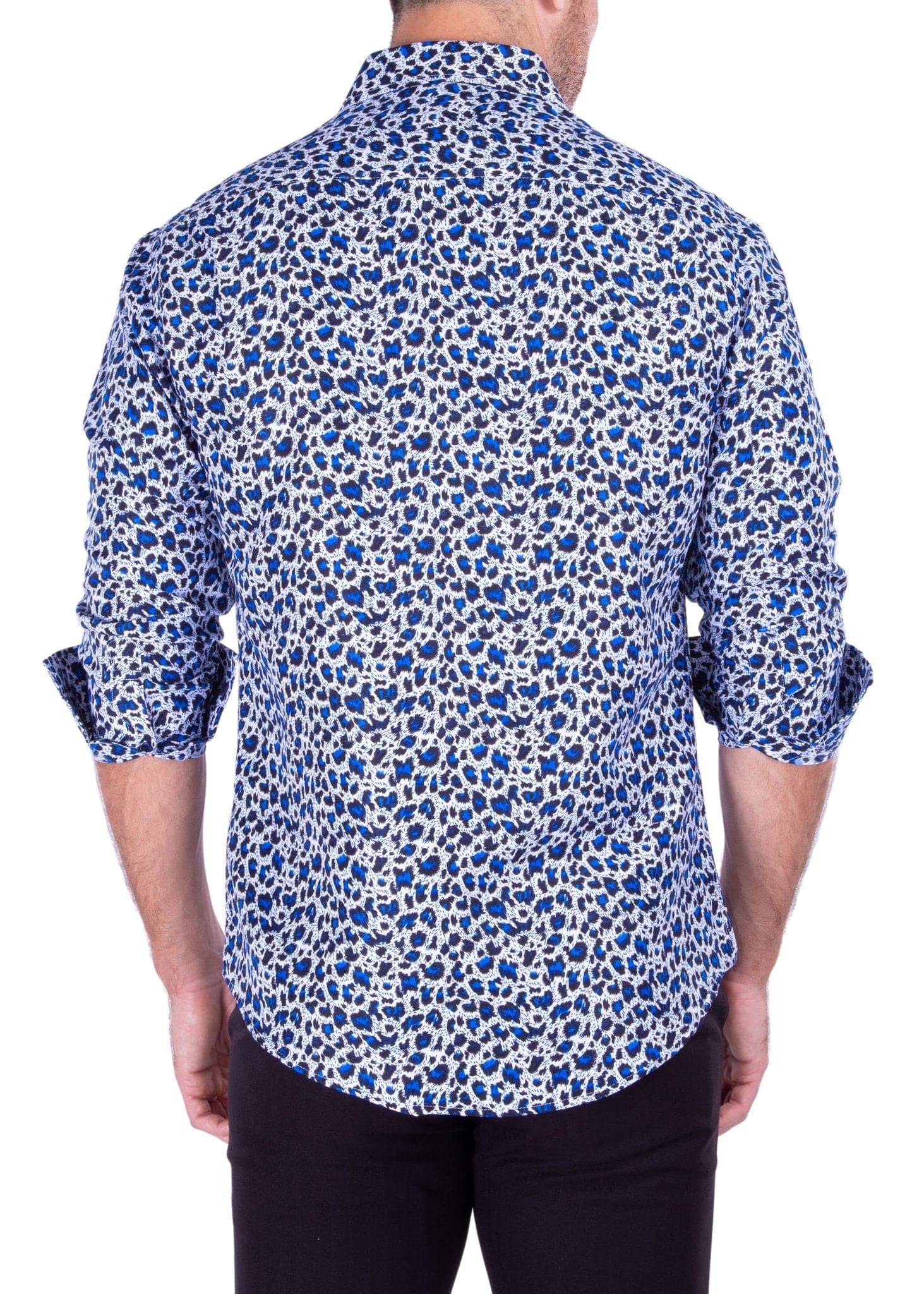 Close-up of blue leopard print design on Men's Fashion Shirt
