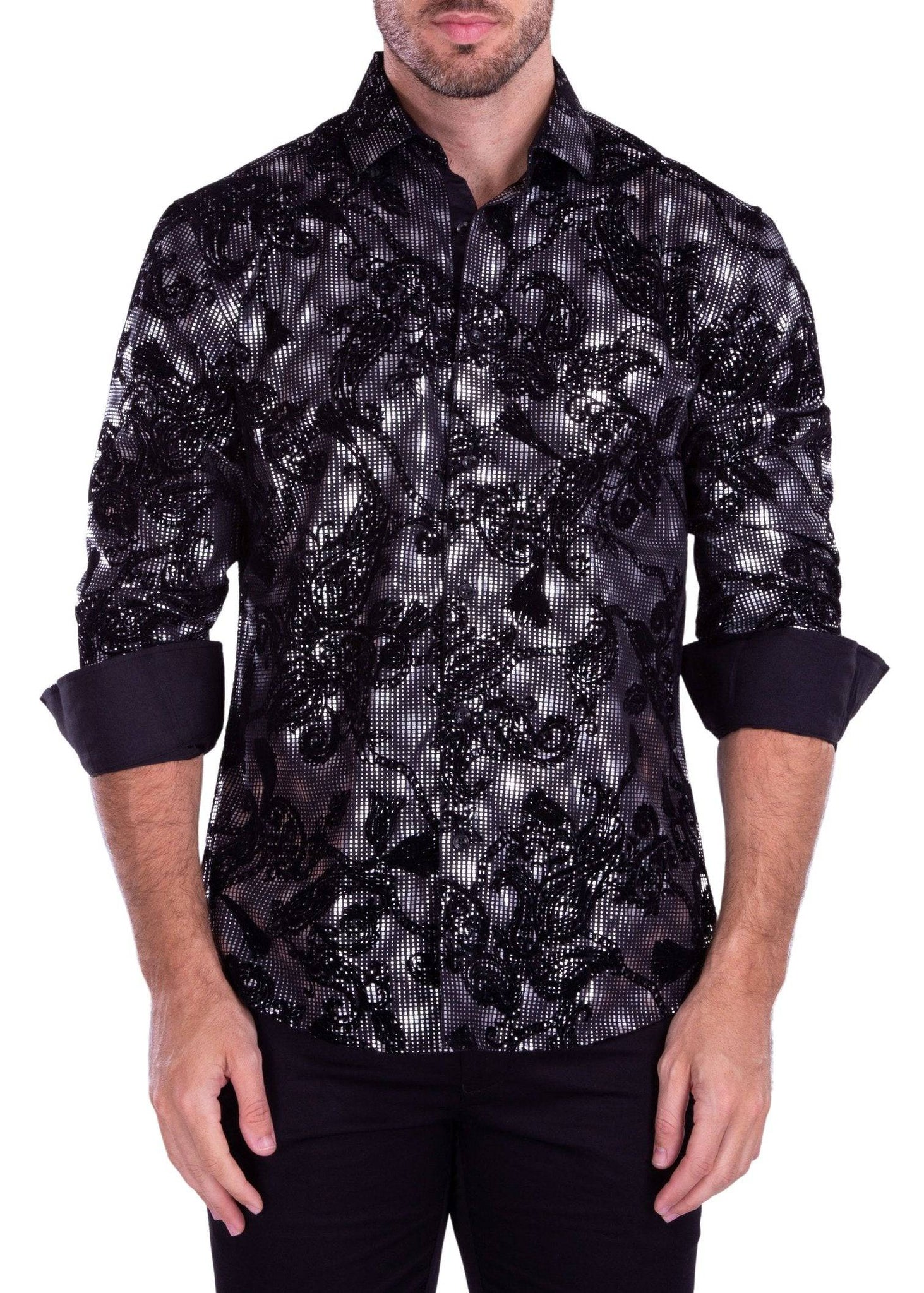 Silver Men's Foil Print Fashion Shirt | Unleash Modern Elegance at DNK Mobile D&K SUIT DISCOUNTERS Silver Men's Foil Print Fashion Shirt | Unleash Modern Elegance at DNK Mobile D&K SUIT DISCOUNTERS